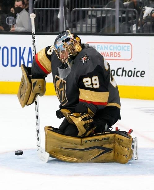 Marc-Andre Fleury of the Vegas Golden Knights stops the puck in the third period in Game One of the Stanley Cup Semifinals during the 2021 Stanley...