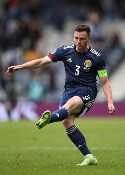 Andrew Robertson of Scotland passes the ball during the UEFA Euro 2020 Championship Group D match between Scotland v Czech Republic Hampden Park on...