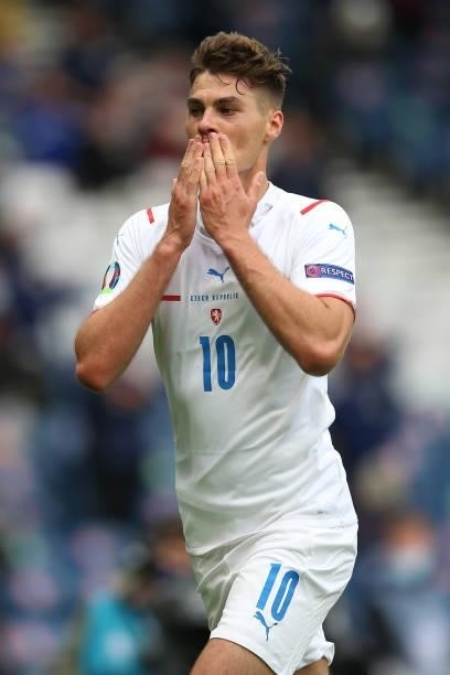 Patrik Schick of Czech Republic celebrates after scoring their side's first goal during the UEFA Euro 2020 Championship Group D match between...