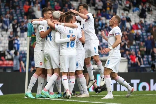 Patrik Schick of Czech Republic celebrates with his team mates after scoring their side's first goal during the UEFA Euro 2020 Championship Group D...
