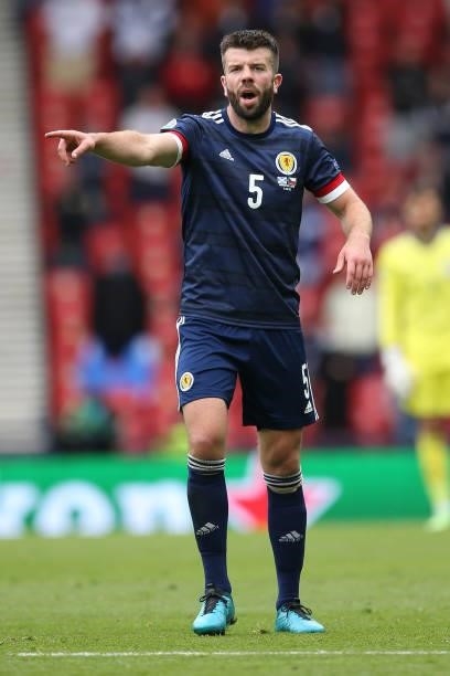 Grant Hanley of Scotland during the UEFA Euro 2020 Championship Group D match between Scotland v Czech Republic Hampden Park on June 14, 2021 in...