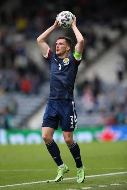 Andrew Robertson of Scotland takes a throw in during the UEFA Euro 2020 Championship Group D match between Scotland v Czech Republic Hampden Park on...