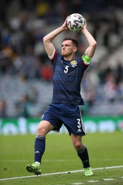 Andrew Robertson of Scotland takes a throw in during the UEFA Euro 2020 Championship Group D match between Scotland v Czech Republic Hampden Park on...