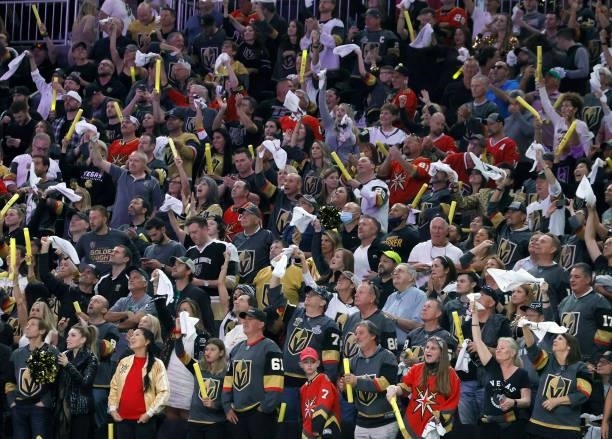 Fans react after a first-period goal by Shea Theodore of the Vegas Golden Knights against the Montreal Canadiens in Game One of the Stanley Cup...