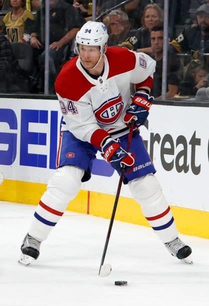 Corey Perry of the Montreal Canadiens skates with the puck against the Vegas Golden Knights in the third period in Game One of the Stanley Cup...