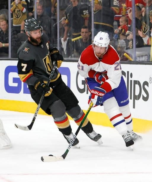 Eric Staal of the Montreal Canadiens skates with the puck against Alex Pietrangelo of the Vegas Golden Knights in the third period in Game One of the...