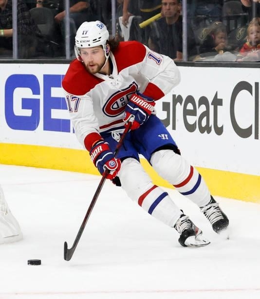 Josh Anderson of the Montreal Canadiens skates with the puck against the Vegas Golden Knights in the third period in Game One of the Stanley Cup...