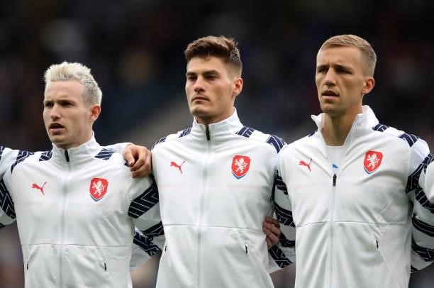 Jakub Jankto, Patrik Schick and Tomas Soucek of Czech Republic sing their national anthem during the UEFA Euro 2020 Championship Group D match...