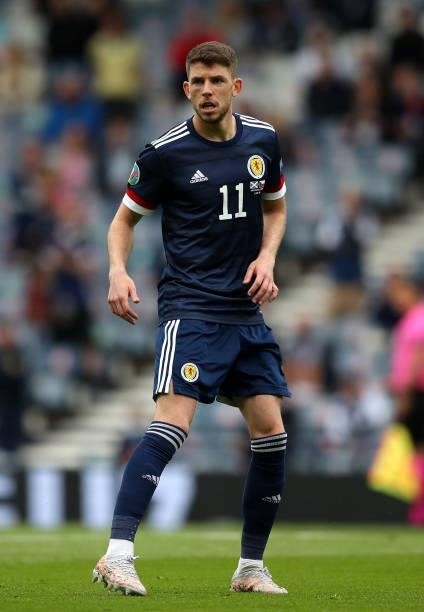 Ryan Christie of Scotland in action during the UEFA Euro 2020 Championship Group D match between Scotland v Czech Republic on June 14, 2021 in...