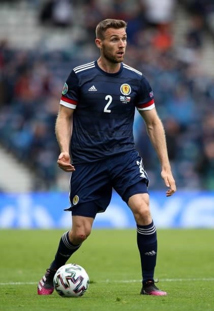 Stephen O'Donnell of Scotland in action during the UEFA Euro 2020 Championship Group D match between Scotland v Czech Republic on June 14, 2021 in...