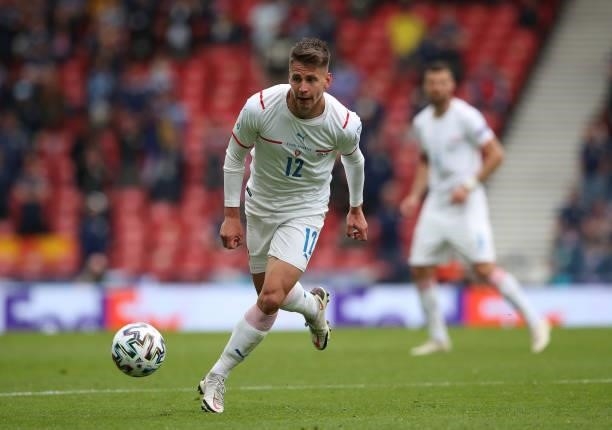 Lukas Masopust of Czech Republic in action during the UEFA Euro 2020 Championship Group D match between Scotland v Czech Republic on June 14, 2021 in...