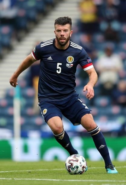 Grant Hanley of Scotland controls the ball during the UEFA Euro 2020 Championship Group D match between Scotland v Czech Republic on June 14, 2021 in...