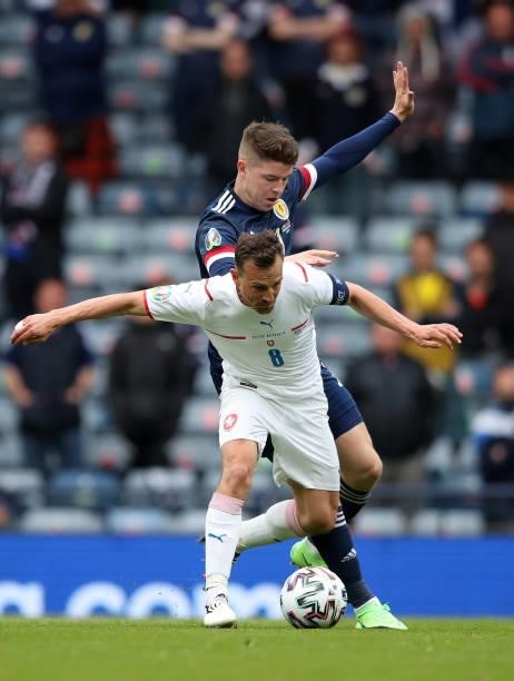 Vladimir Darida of Czech Republic is challenged by Kevin Nisbet of Scotland during the UEFA Euro 2020 Championship Group D match between Scotland v...