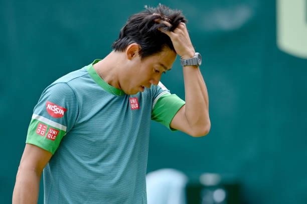 Kei Nishikori of Japan reacts in his match against Ricardas Berkankis of Lithuania during day 4 of the Noventi Open at OWL-Arena on June 15, 2021 in...