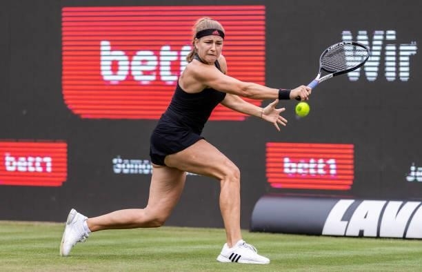 Karolina Muchova of the Czech Republic stretches to play a backhand against Veronika Kudermetova of Russia in the women's singles match during day 4...