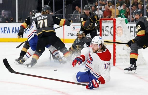 Josh Anderson of the Montreal Canadiens falls to the ice after his shot was blocked by Marc-Andre Fleury of the Vegas Golden Knights in the first...