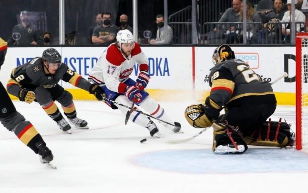 Marc-Andre Fleury of the Vegas Golden Knights blocks a shot by Josh Anderson of the Montreal Canadiens as Zach Whitecloud of the Golden Knights...