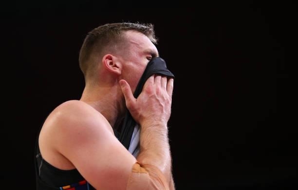 Mitch McCarron of United reacts during game three of the NBL Semi-Final Series between Melbourne United and the South East Melbourne Phoenix at Qudos...