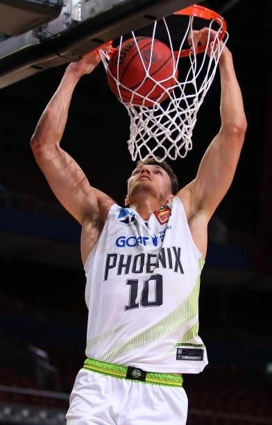 Yanni Wetzall of the Phoenix dunks the ball during game three of the NBL Semi-Final Series between Melbourne United and the South East Melbourne...