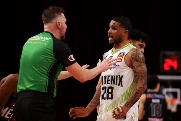 Keifer Sykes of the Phoenix speaks to the referee during game three of the NBL Semi-Final Series between Melbourne United and the South East...