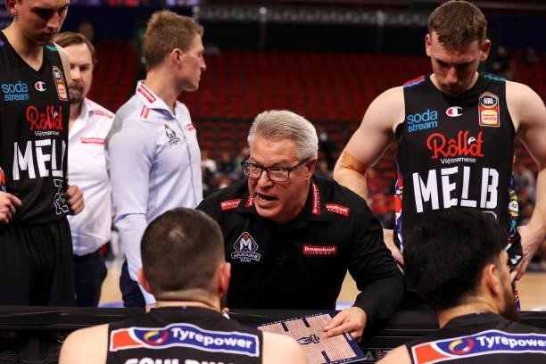United coach Dean Vickerman speaks to his team during a time out during game three of the NBL Semi-Final Series between Melbourne United and the...