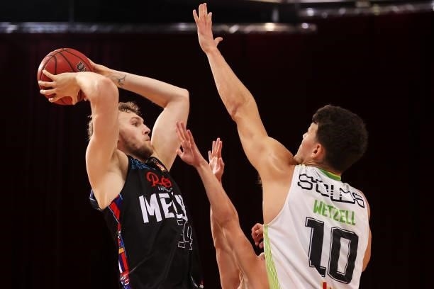 Jock Landale of Melbourne United looks to pass during game three of the NBL Semi-Final Series between Melbourne United and the South East Melbourne...