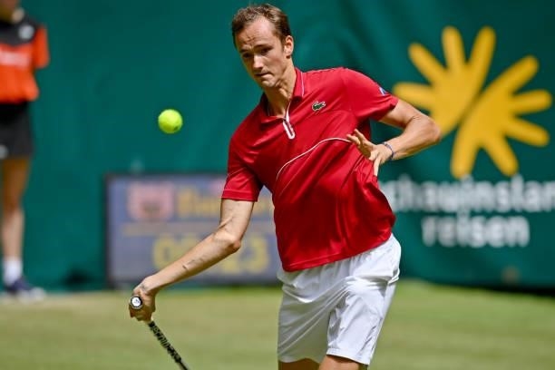 Daniil Medvedev of Russia plays a forehand in his match against Jan-Lennard Struff of Germany during day 4 of the Noventi Open at OWL-Arena on June...