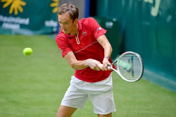 Daniil Medvedev of Russia plays a backhand in his match against Jan-Lennard Struff of Germany during day 4 of the Noventi Open at OWL-Arena on June...