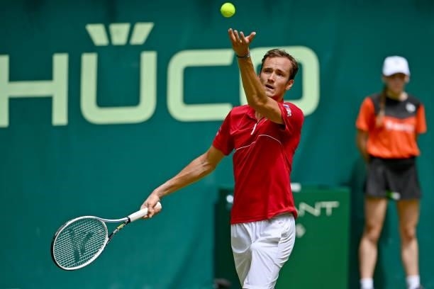 Daniil Medvedev of Russia serves in his match against Jan-Lennard Struff of Germany during day 4 of the Noventi Open at OWL-Arena on June 15, 2021 in...