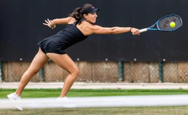 Jessica Pegula of the United States streches to play a backhand against Hailey Baptiste of the United States in the women's singles match duringthe...