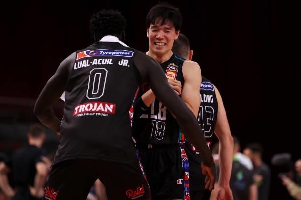 Jo Lual-Acuil and Yudai Baba of Melbourne United celebrate during game three of the NBL Semi-Final Series between Melbourne United and the South East...