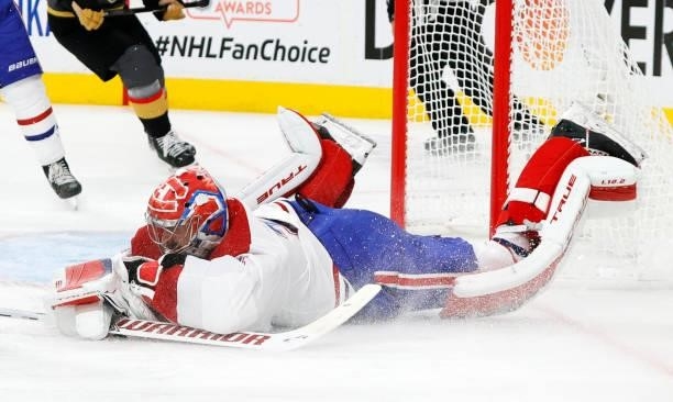 Carey Price of the Montreal Canadiens covers up the puck after making a save against Mark Stone of the Vegas Golden Knights in the second period in...