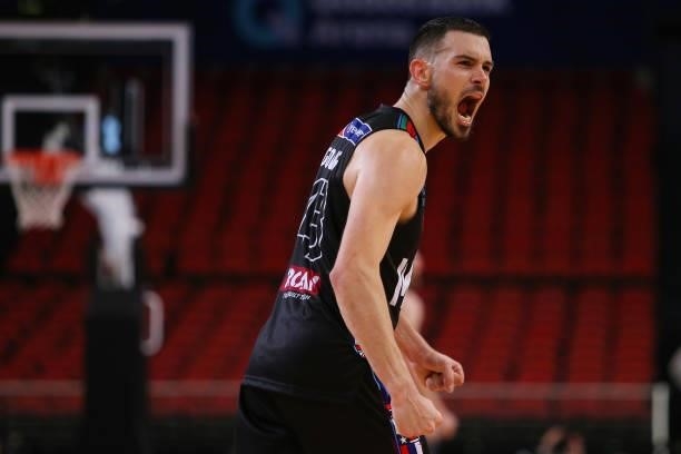Chris Goulding of United celebrates a basket during game three of the NBL Semi-Final Series between Melbourne United and the South East Melbourne...