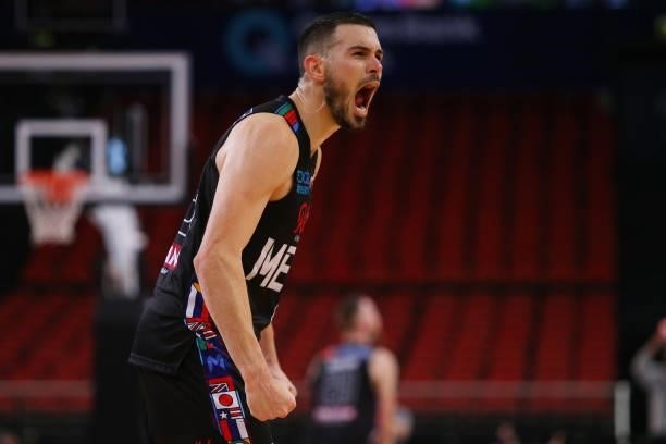 Chris Goulding of United celebrates a basket during game three of the NBL Semi-Final Series between Melbourne United and the South East Melbourne...