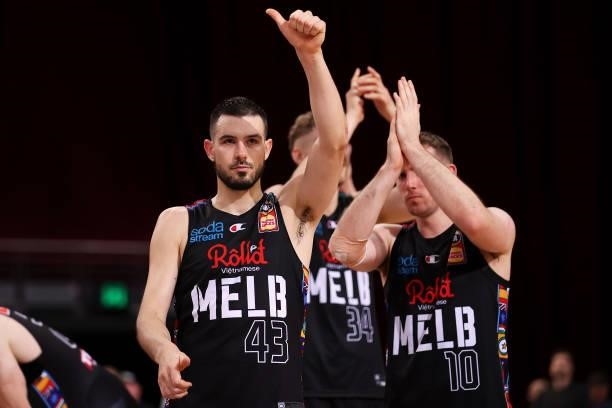Chris Goulding of Melbourne United celebrate victory during game three of the NBL Semi-Final Series between Melbourne United and the South East...