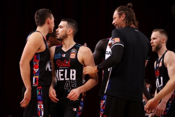 Chris Goulding of Melbourne United celebrates victory with his team mates during game three of the NBL Semi-Final Series between Melbourne United and...