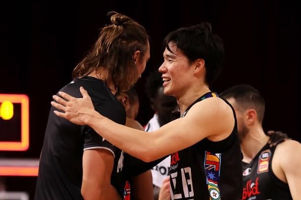 David Anderson and Yudai Baba of Melbourne United celebrate victory during game three of the NBL Semi-Final Series between Melbourne United and the...