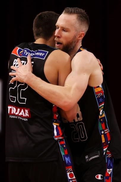 Mason Peatling and David Barlow of Melbourne United celebrate victory during game three of the NBL Semi-Final Series between Melbourne United and the...