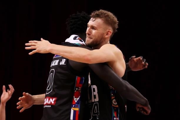 Jo Lual-Acuil and Jock Landale of Melbourne United celebrate victory during game three of the NBL Semi-Final Series between Melbourne United and the...