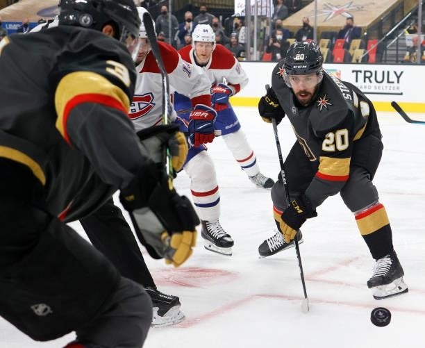 Chandler Stephenson of the Vegas Golden Knights wins a faceoff against the Montreal Canadiens in the first period in Game One of the Stanley Cup...