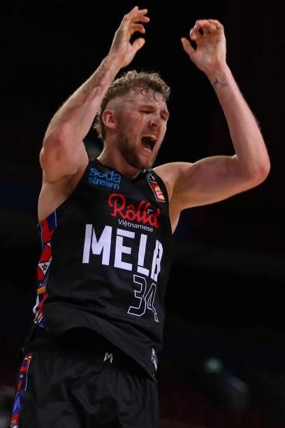 Jock Landale of United celebrates a basket during game three of the NBL Semi-Final Series between Melbourne United and the South East Melbourne...