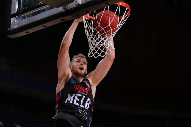 Jock Landale of United celebrates a basket during game three of the NBL Semi-Final Series between Melbourne United and the South East Melbourne...