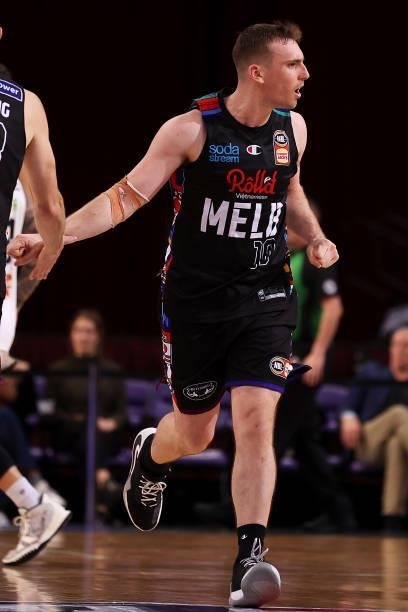 Mitch McCarron of Melbourne United celebrates during game three of the NBL Semi-Final Series between Melbourne United and the South East Melbourne...