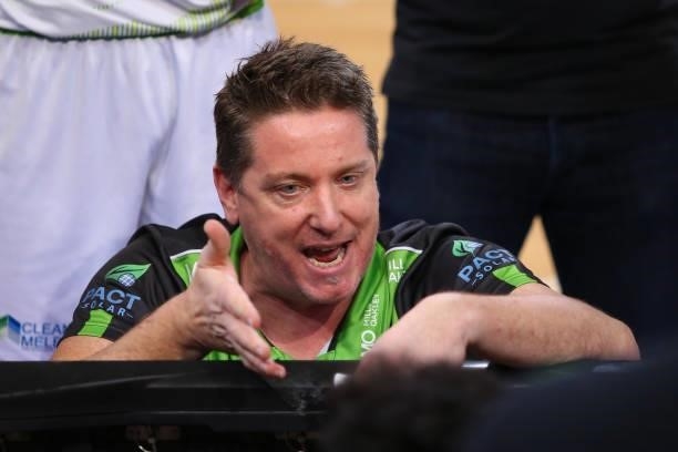 Simon Mitchell head coach of the Phoenix talks to his players during game three of the NBL Semi-Final Series between Melbourne United and the South...