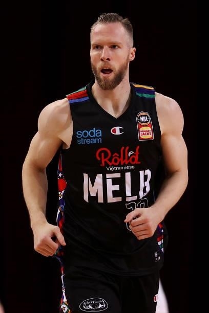 David Barlow of Melbourne United celebrates a basket during game three of the NBL Semi-Final Series between Melbourne United and the South East...