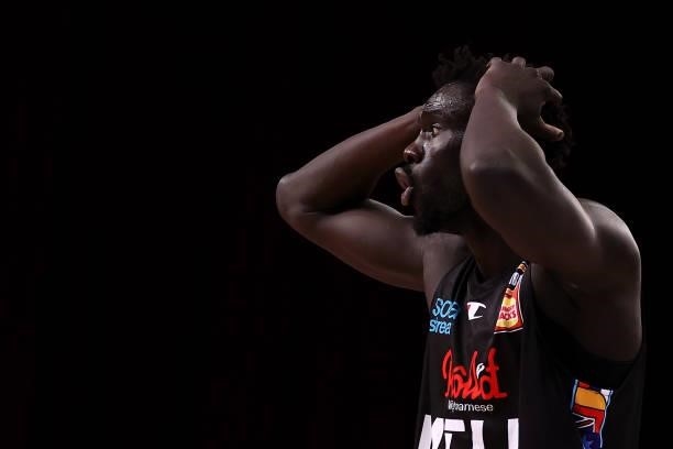 Jo Lual-Acuil of Melbourne United shows his frustration during game three of the NBL Semi-Final Series between Melbourne United and the South East...