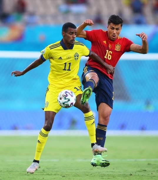 Rodri Hernandez of Spain competes for the ball with Alexander Isak of Sweden during the UEFA Euro 2020 Championship Group E match between Spain and...