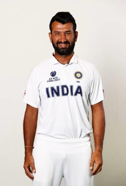 Cheteshwar Pujara of India poses during the ICC World Test Championship Final India Portrait session at The Ageas Bowl on June 15, 2021 in...