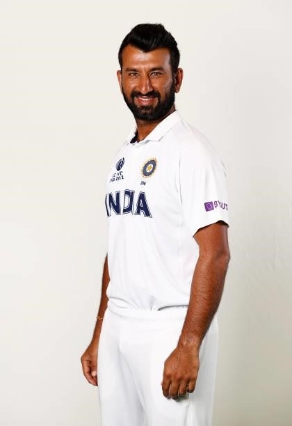 Cheteshwar Pujara of India poses during the ICC World Test Championship Final India Portrait session at The Ageas Bowl on June 15, 2021 in...