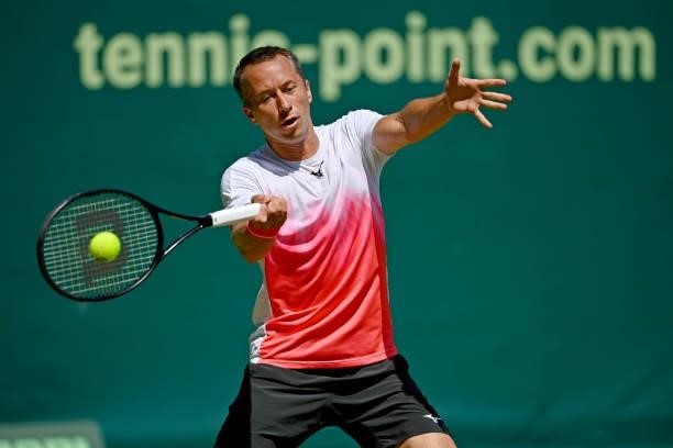Philipp Kohlschreiber of Germany plays a forehand in his match against Jurij Rodionov of Austria during day 4 of the Noventi Open at OWL-Arena on...